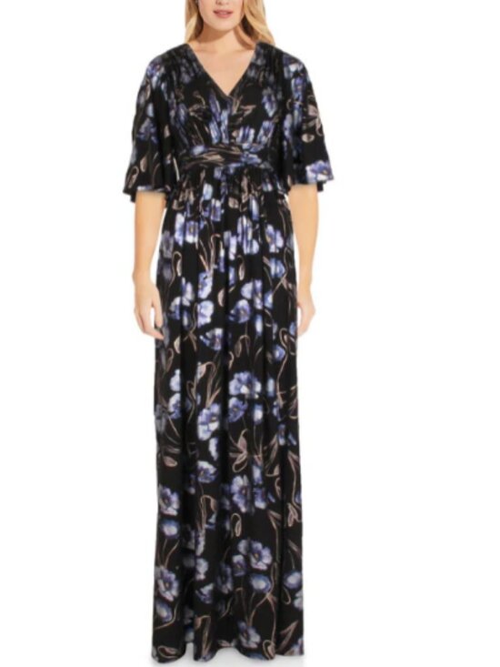 Adrianna Papell Dresses & Skirts - Adrianna Papell Metallic Floral Flutter Sleeve Maxi Gown Dress Size 6 Holiday
